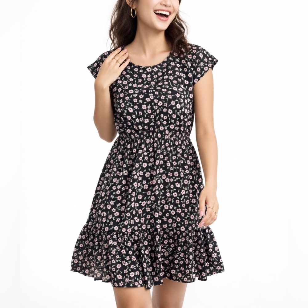 Floral Mini Dress Ruffle Black Pink Size M